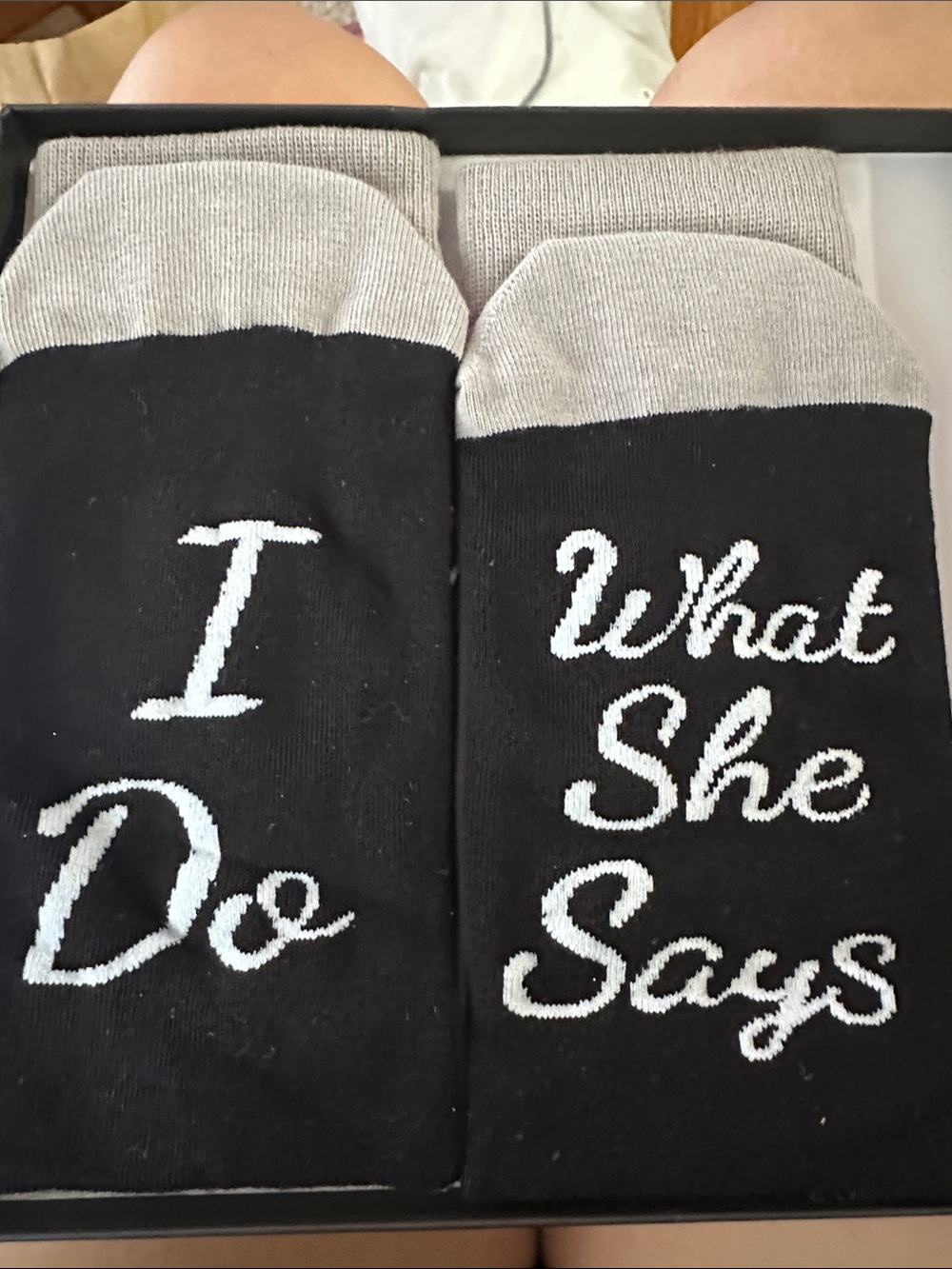 Black and Gray Novelty Men's Socks - "I Do / What She Says"
